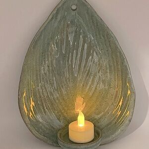 Handmade Pottery, Candle, Leaf, Wall Sconce In Beautiful Shades Of Green/Tan